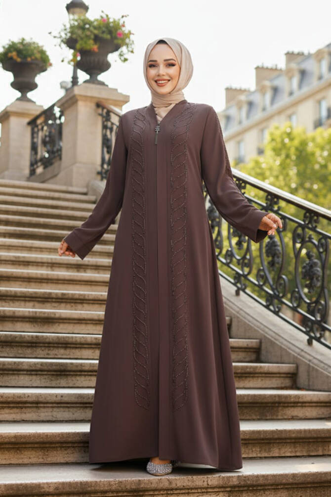 Boncuk İşlemeli Kahverengi Tesettür Ferace 29122KH - 1
