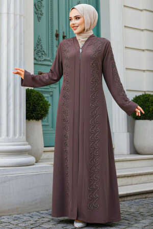 Boncuk İşlemeli Kahverengi Tesettür Ferace 29123KH 