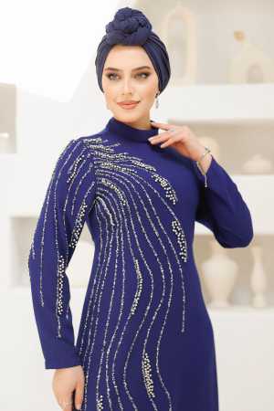  Boncuk İşlemeli Koyu İndigo Mavisi Tesettür Abiye Elbise 46781KIM - 3