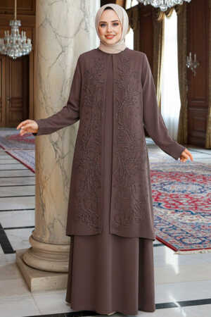 Boncuk İşlemeli Koyu Vizon Tesettür Abaya 29121KV - 1