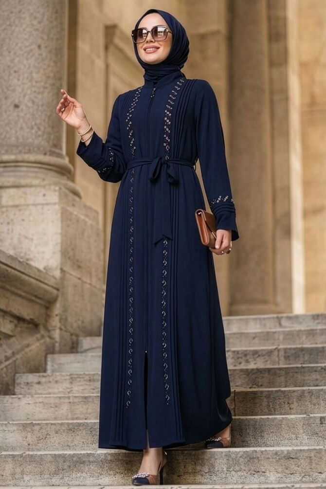 Boncuk İşlemeli Lacivert Tesettür Abaya 26101L - 1