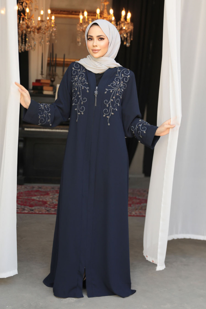 Boncuk İşlemeli Lacivert Tesettür Abaya 29107L - 2