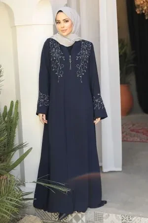 Boncuk İşlemeli Lacivert Tesettür Abaya 29107L 