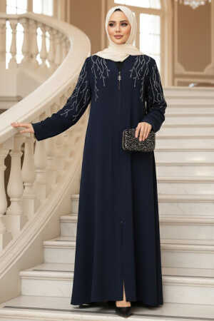 Boncuk İşlemeli Lacivert Tesettür Abaya 29110L 