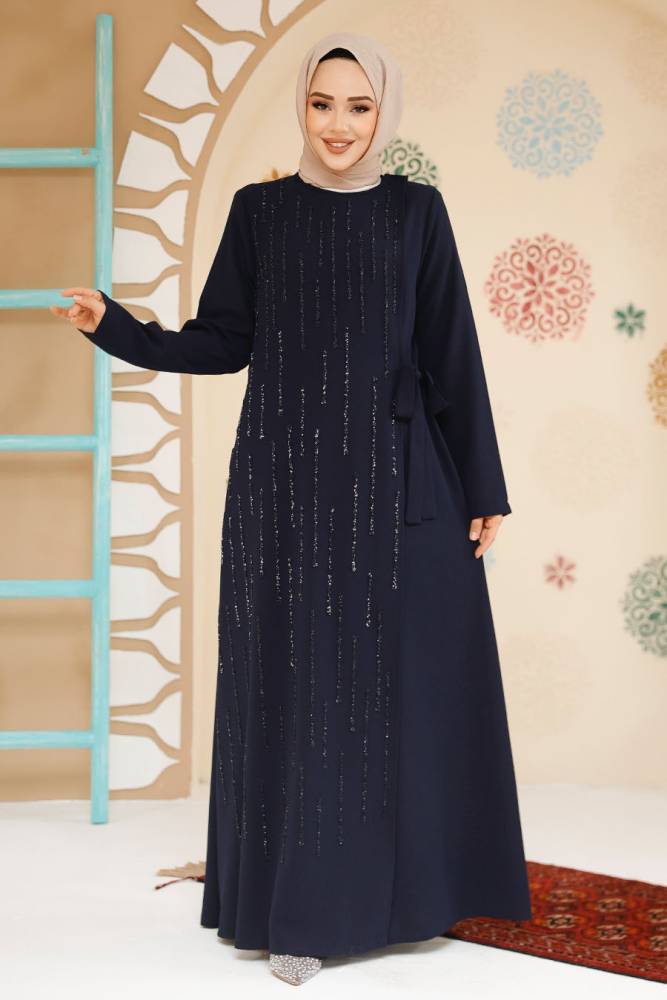 Boncuk İşlemeli Lacivert Tesettür Abaya 29116L - 1