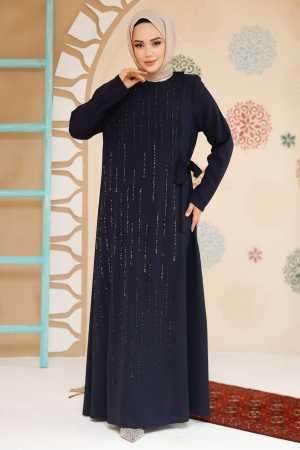 Boncuk İşlemeli Lacivert Tesettür Abaya 29116L - 2