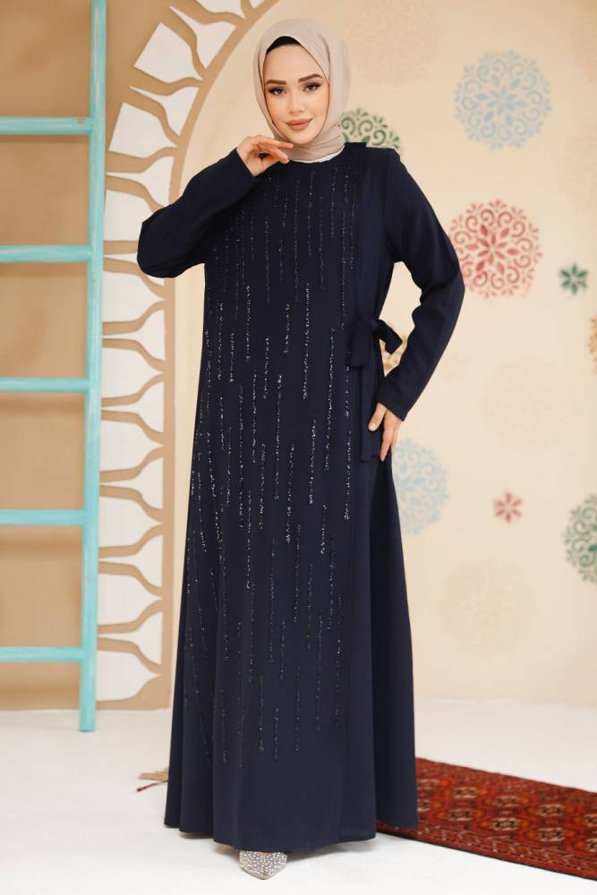 Boncuk İşlemeli Lacivert Tesettür Abaya 29116L - 2