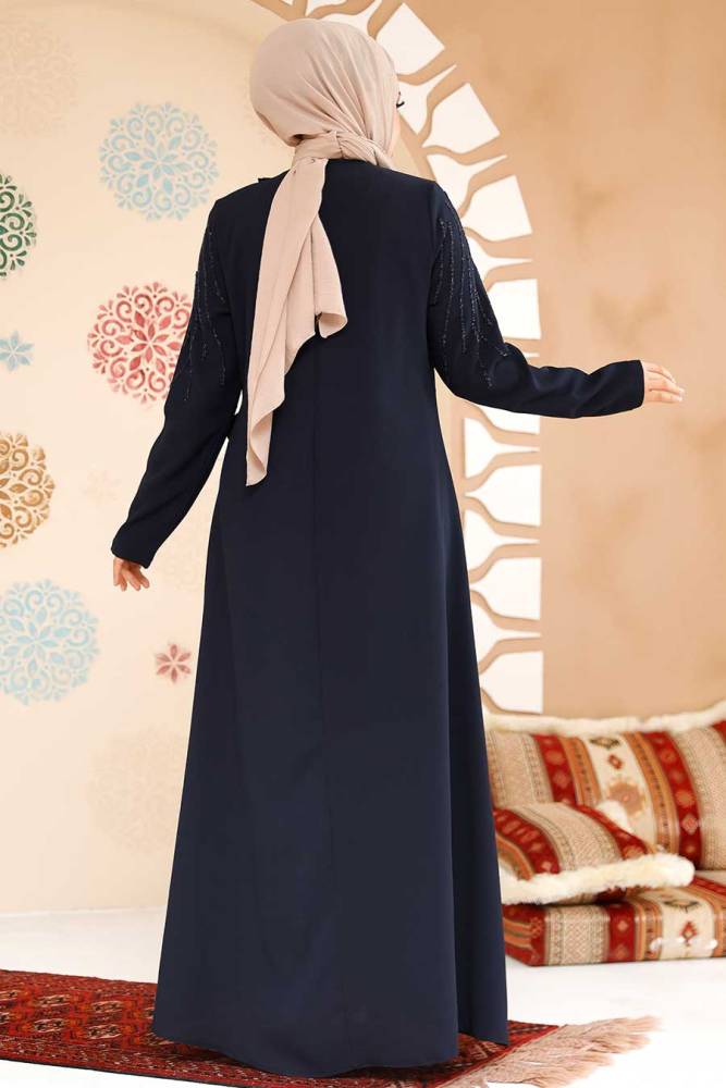 Boncuk İşlemeli Lacivert Tesettür Abaya 29116L - 3