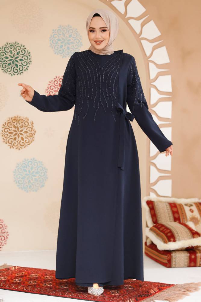 Boncuk İşlemeli Lacivert Tesettür Abaya 29115L - 1