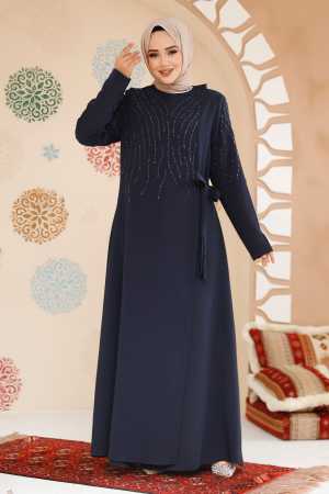 Boncuk İşlemeli Lacivert Tesettür Abaya 29115L - 2