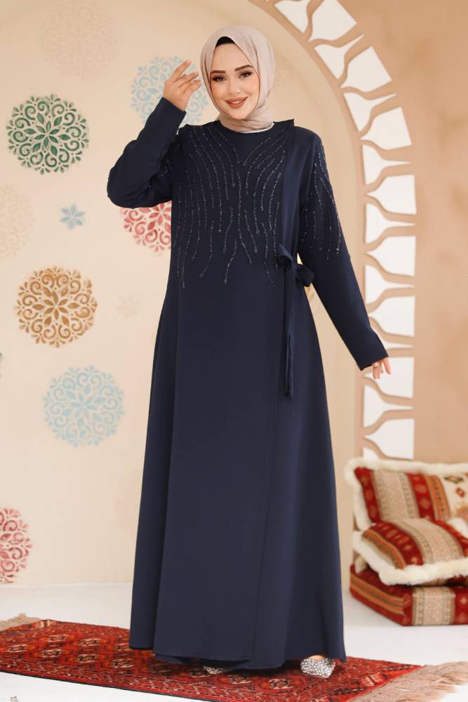 Boncuk İşlemeli Lacivert Tesettür Abaya 29115L - 2