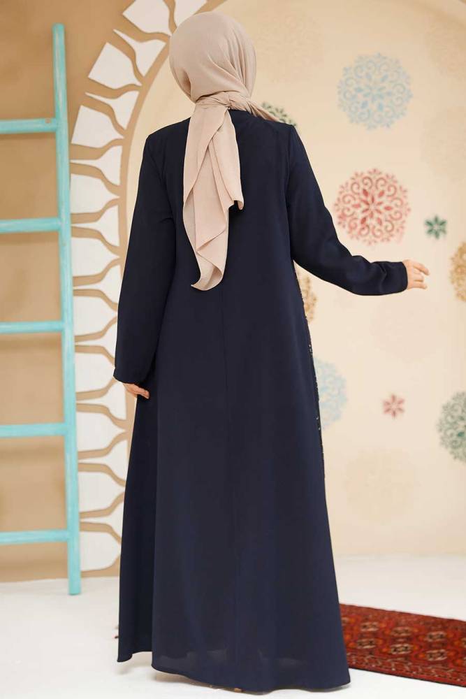 Boncuk İşlemeli Lacivert Tesettür Abaya 29115L - 3