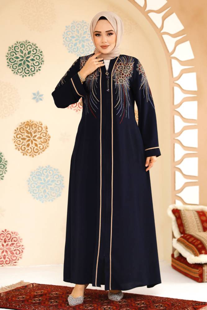 Desenli Fermuarlı Tesettür Abaya 41565DSN3 - 2