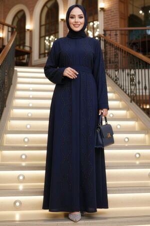 Boncuk İşlemeli Lacivert Tesettür Abaya 29117L - 1