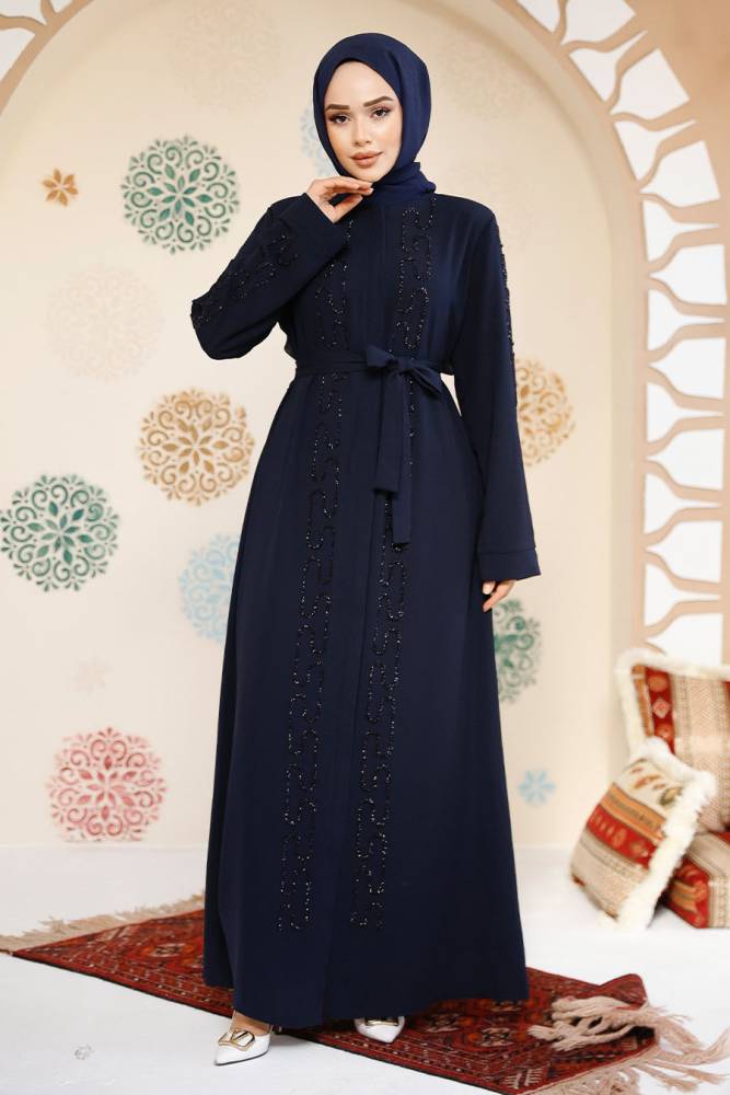 Boncuk İşlemeli Lacivert Tesettür Abaya 29118L - 1