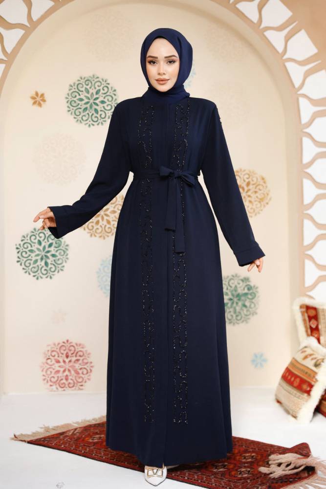 Boncuk İşlemeli Lacivert Tesettür Abaya 29118L - 2