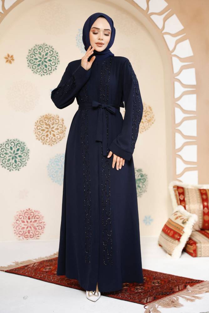 Boncuk İşlemeli Lacivert Tesettür Abaya 29118L - 4