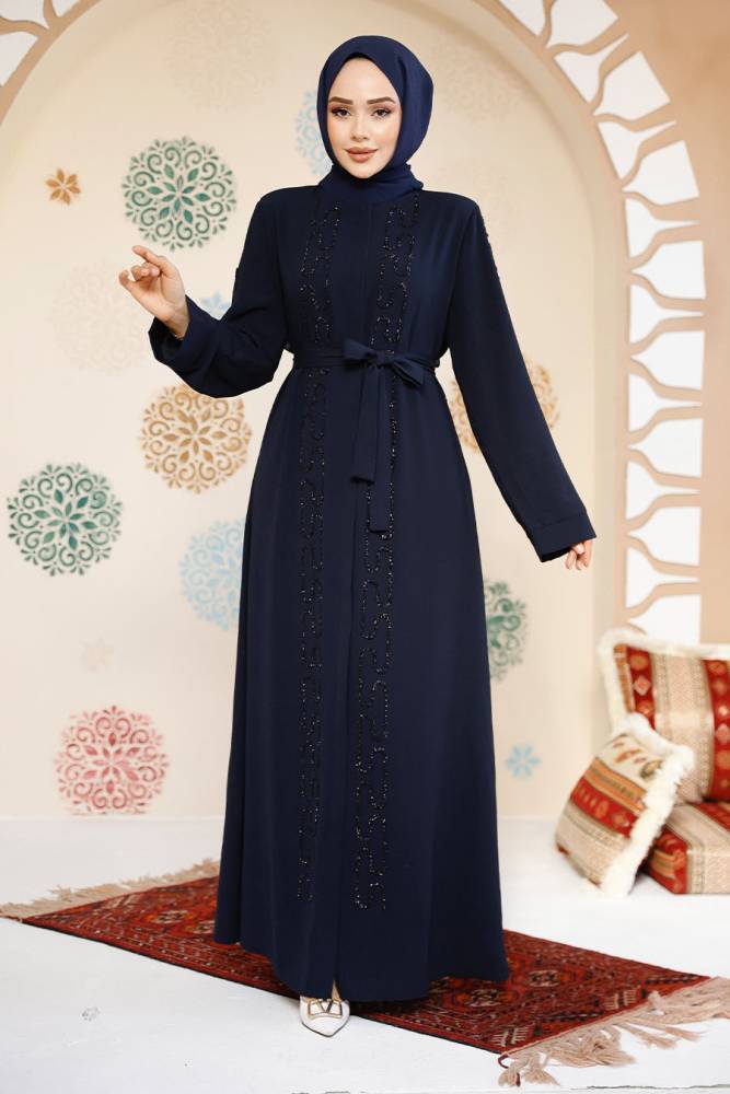 Boncuk İşlemeli Lacivert Tesettür Abaya 29118L - 3
