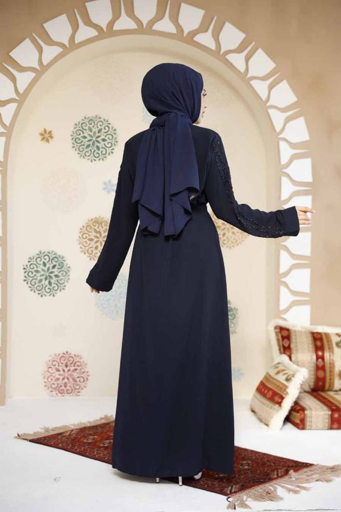 Boncuk İşlemeli Lacivert Tesettür Abaya 29118L - 5