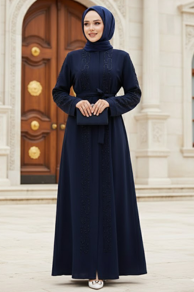 Boncuk İşlemeli Lacivert Tesettür Abaya 29118L - 1