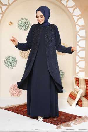 Boncuk İşlemeli Lacivert Tesettür Abaya 29119L - 1