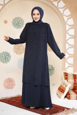 Boncuk İşlemeli Lacivert Tesettür Abaya 29119L - 2