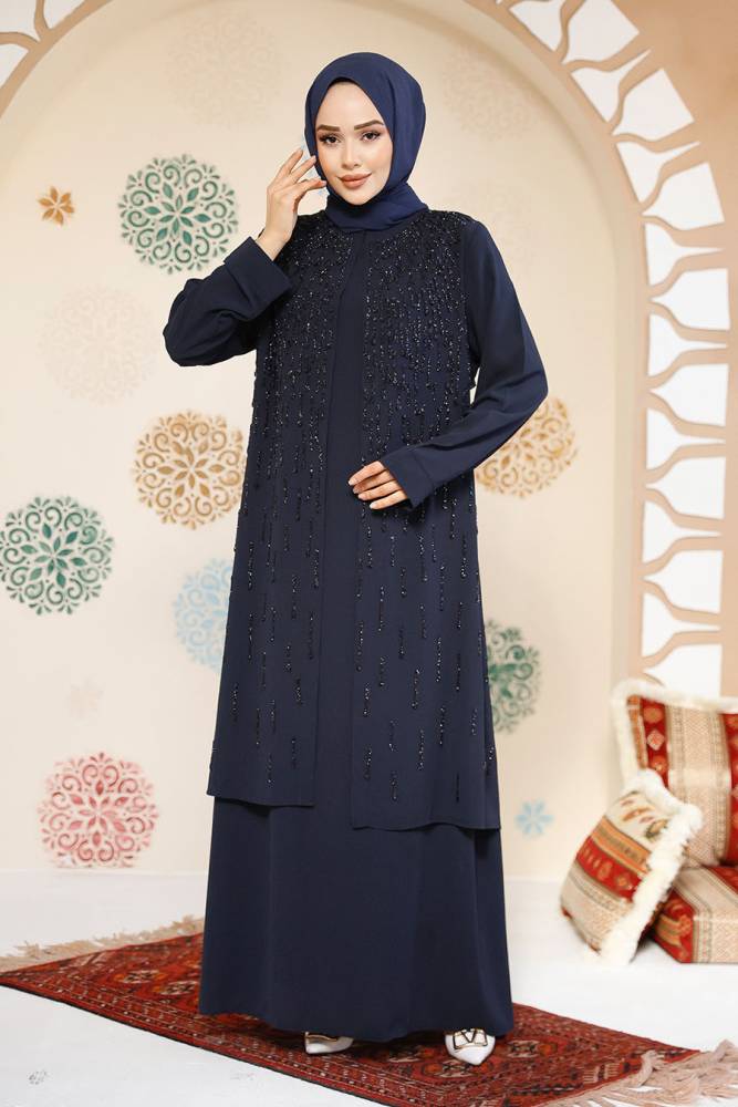 Boncuk İşlemeli Lacivert Tesettür Abaya 29119L - 3