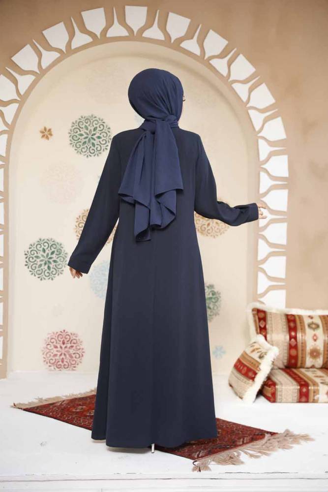 Boncuk İşlemeli Lacivert Tesettür Abaya 29119L - 4