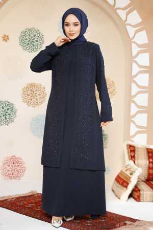 Boncuk İşlemeli Lacivert Tesettür Abaya 29120L - 1