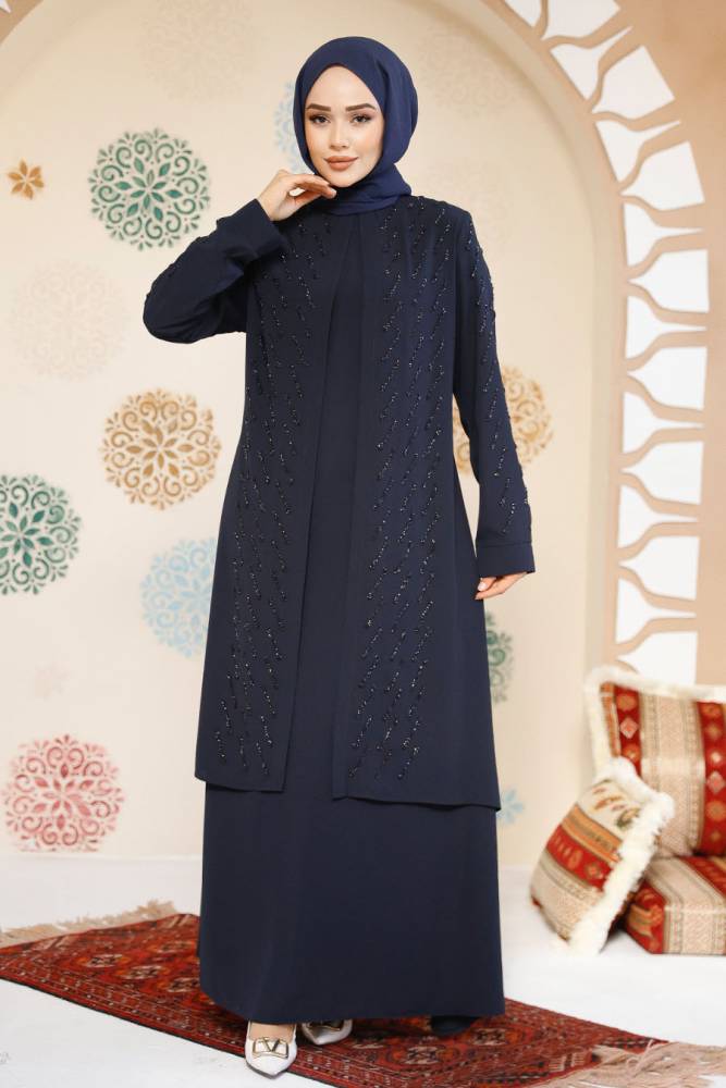 Boncuk İşlemeli Lacivert Tesettür Abaya 29120L - 1