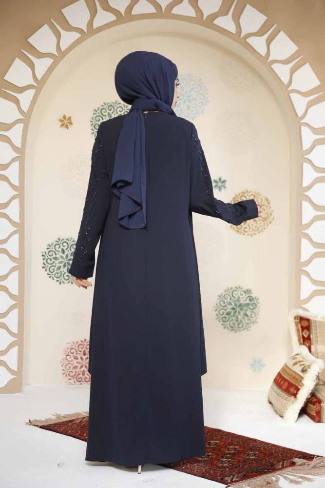Boncuk İşlemeli Lacivert Tesettür Abaya 29120L - 3