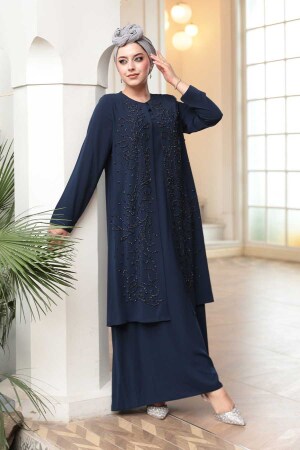Boncuk İşlemeli Lacivert Tesettür Abaya 29121L - 1