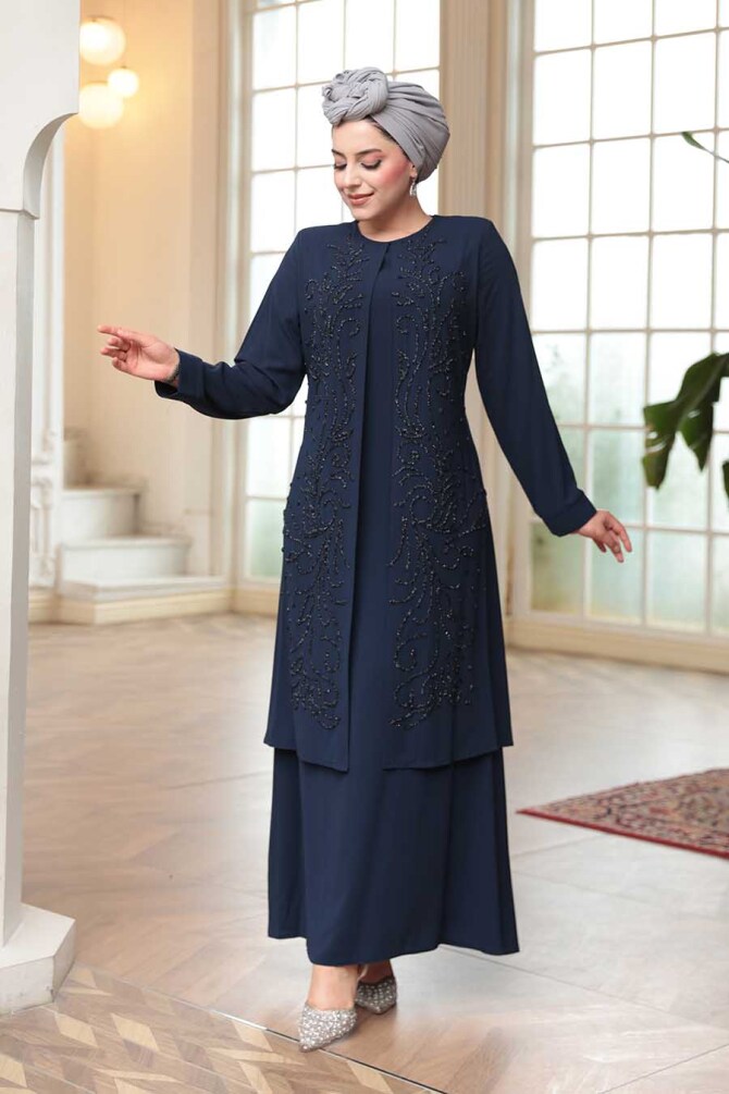 Boncuk İşlemeli Lacivert Tesettür Abaya 29121L - 2
