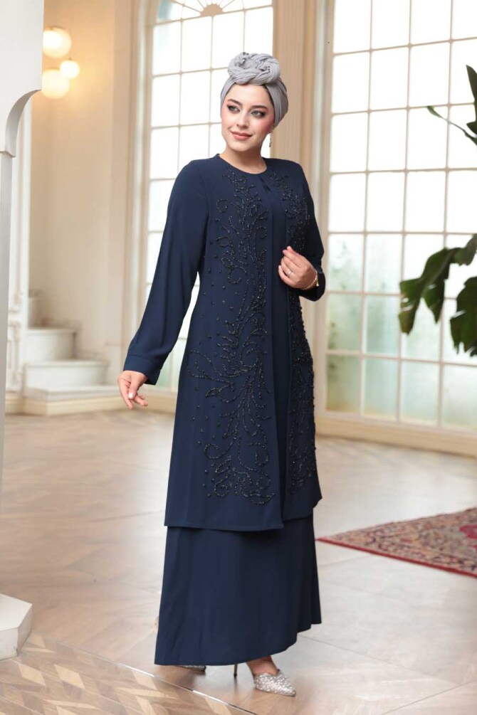 Boncuk İşlemeli Lacivert Tesettür Abaya 29121L - 3