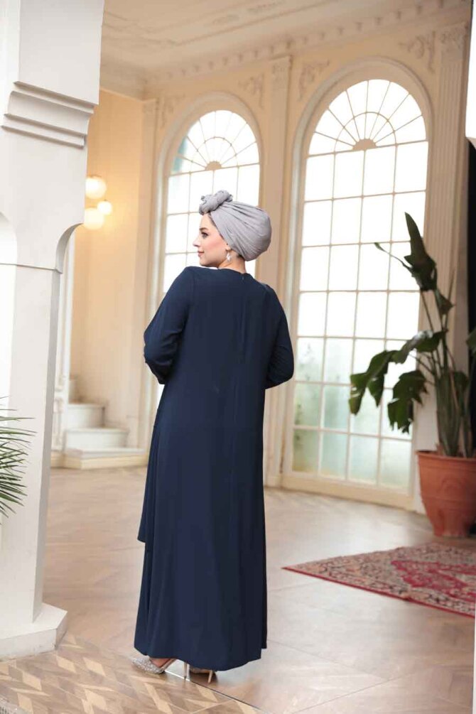 Boncuk İşlemeli Lacivert Tesettür Abaya 29121L - 4
