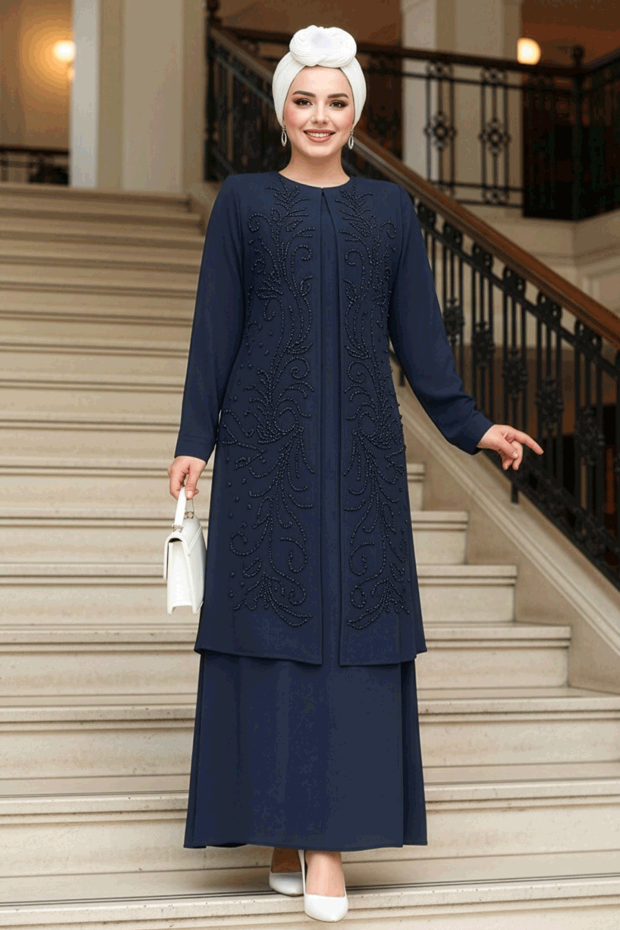 Boncuk İşlemeli Lacivert Tesettür Abaya 29121L