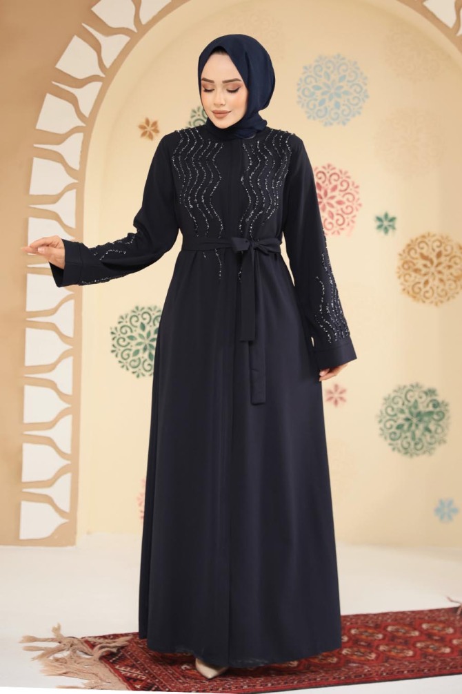 Boncuk İşlemeli Lacivert Tesettür Abaya 29130L - 1