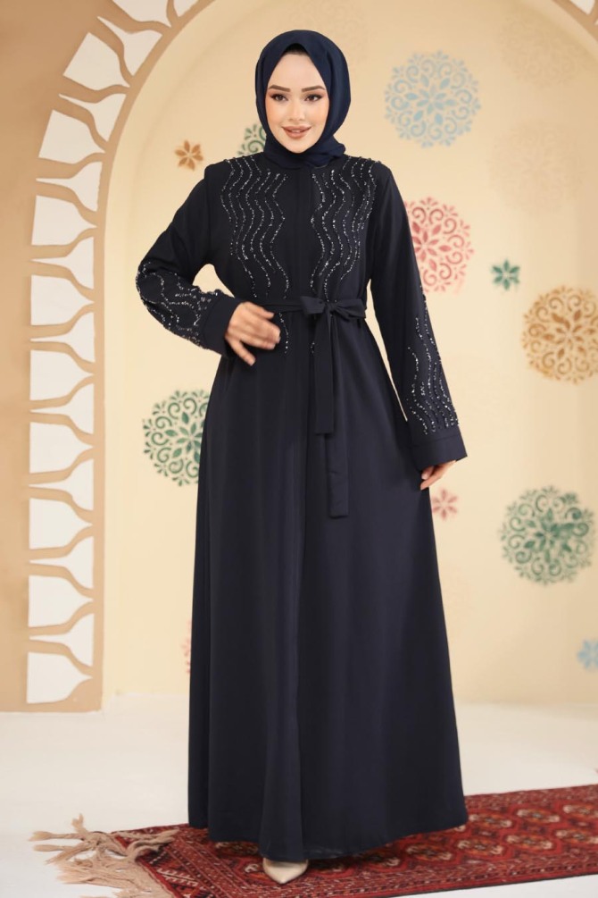 Boncuk İşlemeli Lacivert Tesettür Abaya 29130L - 2