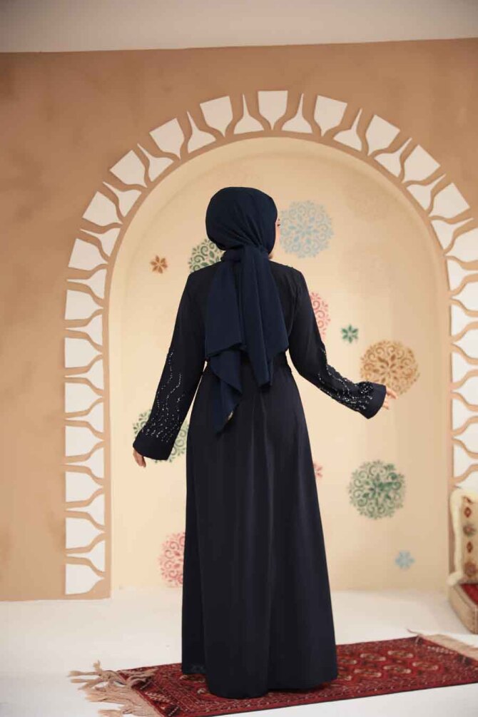 Boncuk İşlemeli Lacivert Tesettür Abaya 29130L - 3