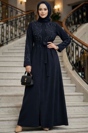 Boncuk İşlemeli Lacivert Tesettür Abaya 29130L 