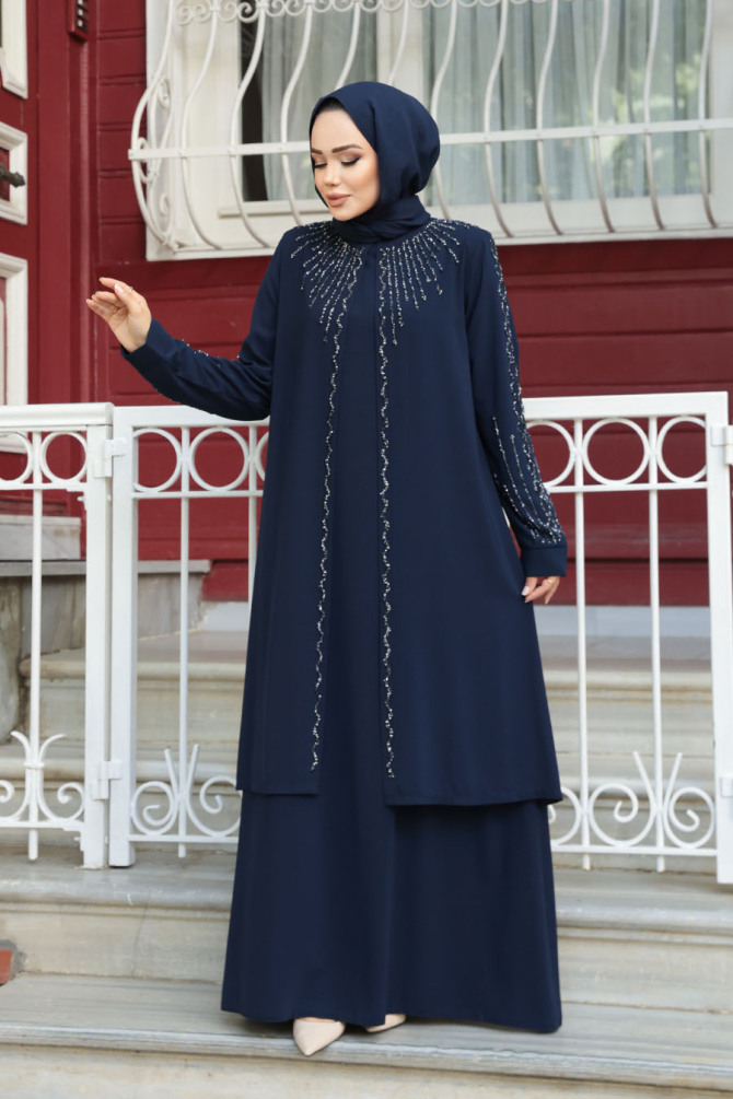 Boncuk İşlemeli Lacivert Tesettür Abaya 29131L - 2