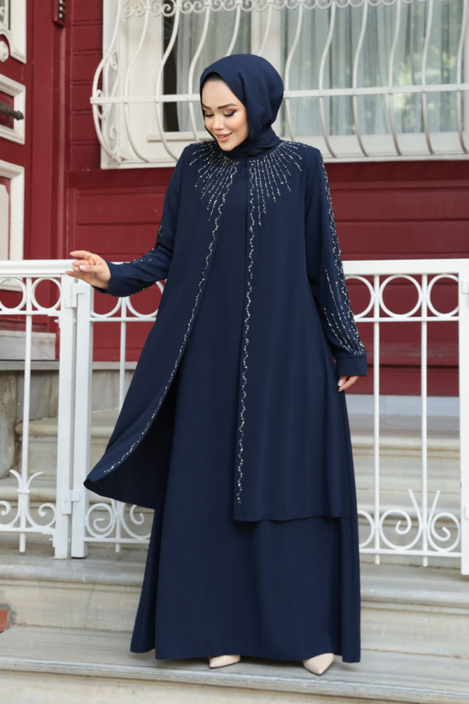 Boncuk İşlemeli Lacivert Tesettür Abaya 29131L - 1