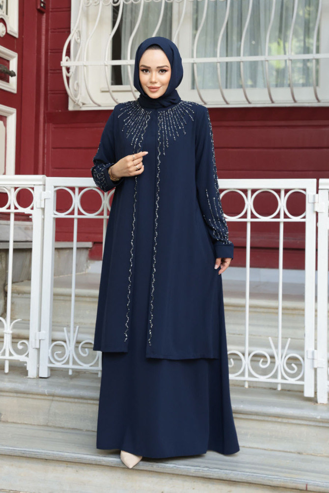 Boncuk İşlemeli Lacivert Tesettür Abaya 29131L - 3