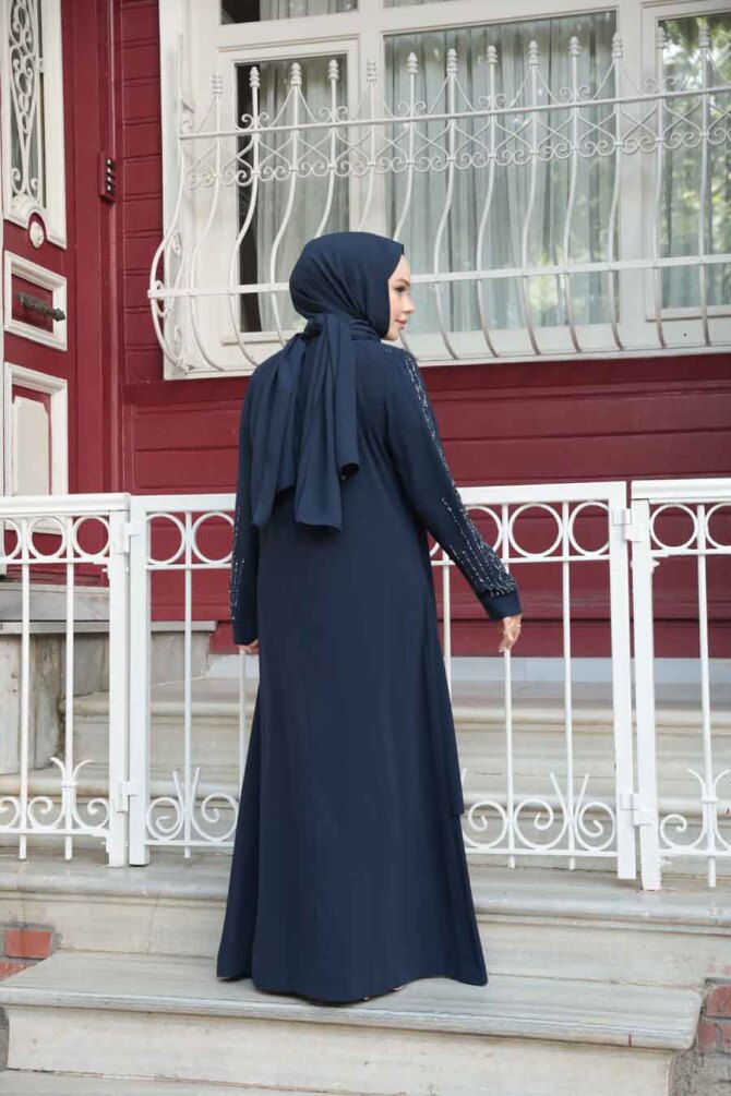 Boncuk İşlemeli Lacivert Tesettür Abaya 29131L - 4