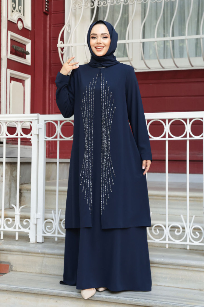 Boncuk İşlemeli Lacivert Tesettür Abaya 29132L - 1
