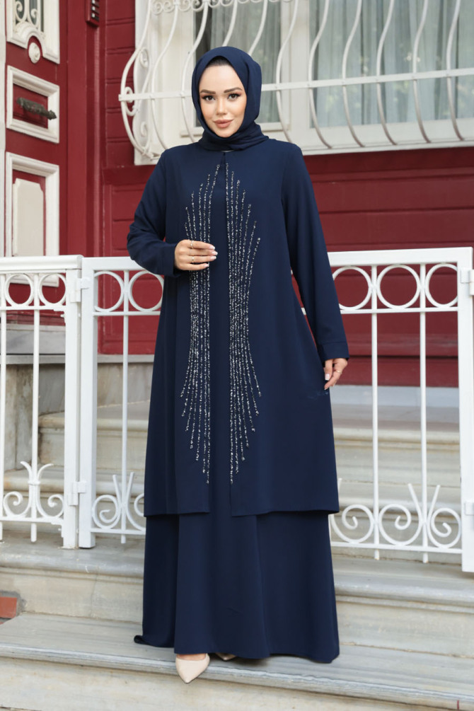Boncuk İşlemeli Lacivert Tesettür Abaya 29132L - 2