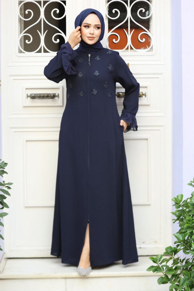 Boncuk İşlemeli Lacivert Tesettür Abaya 520090L - 2