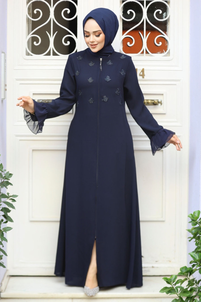 Boncuk İşlemeli Lacivert Tesettür Abaya 520090L - 1