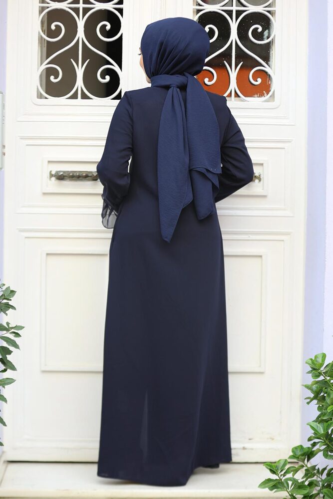 Boncuk İşlemeli Lacivert Tesettür Abaya 520090L - 3