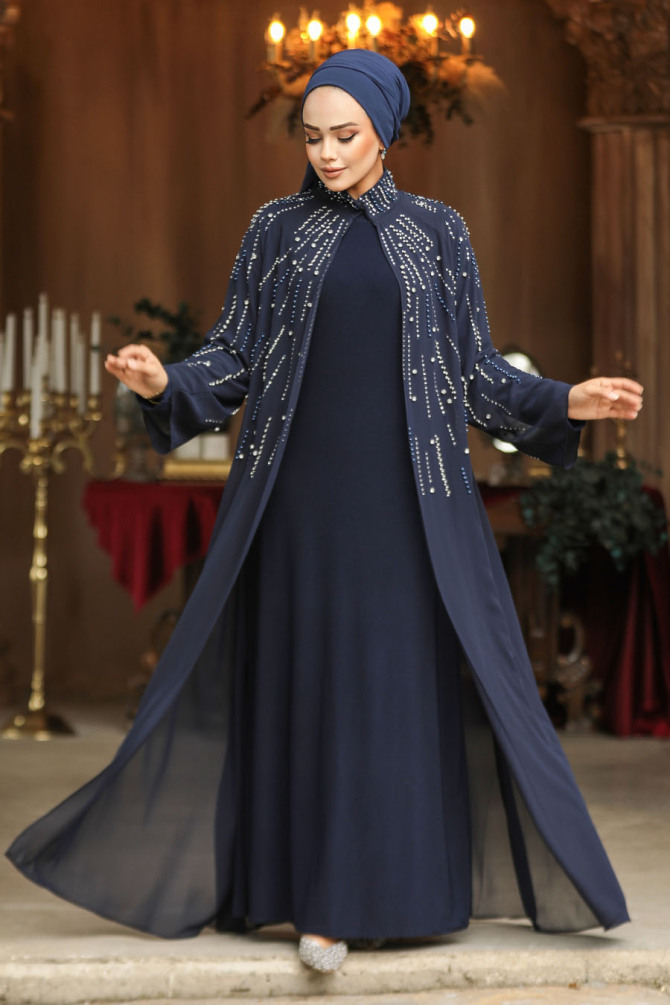 Boncuk İşlemeli Lacivert Tesettür Abaya Takım 25903L - 1